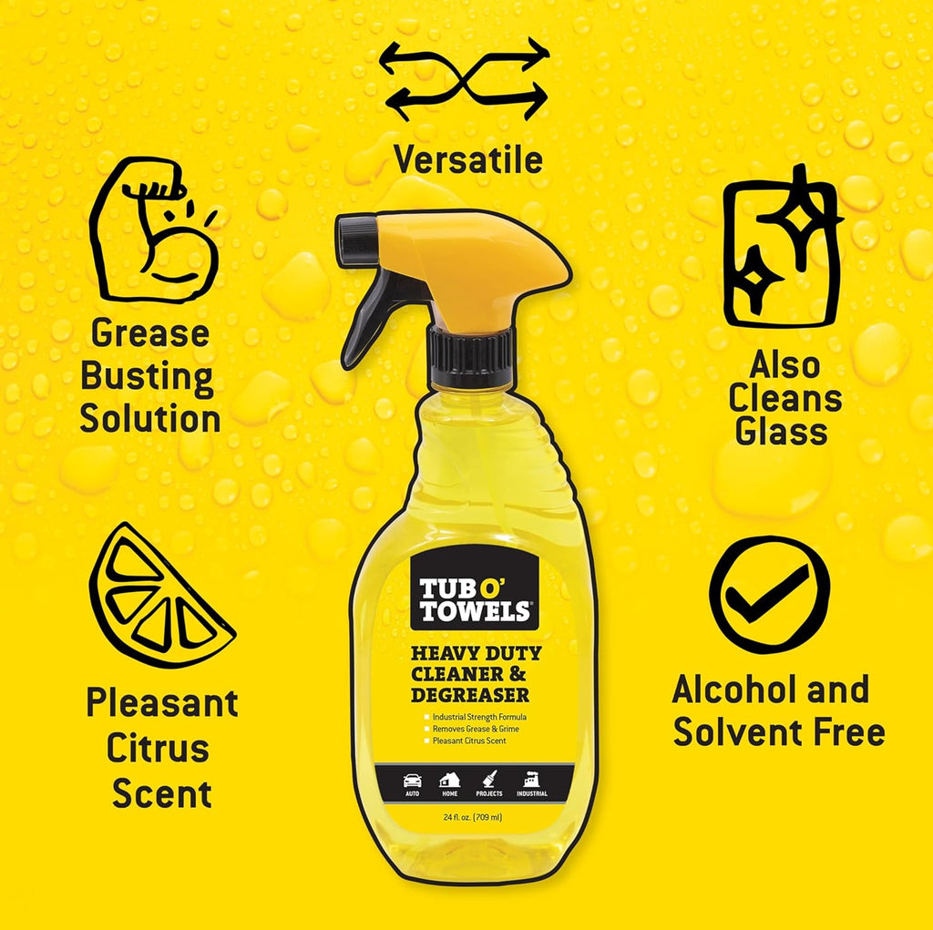 Tub O' Towels Heavy Duty Cleaner and Degreaser Spray Helps in Removing Oil Tar Paint Dirt Caulk Grease Grime Gunk Epoxies, Industrial Strength, Home & Auto, Made In USA, Citrus Scent, 24oz, 2-Pack