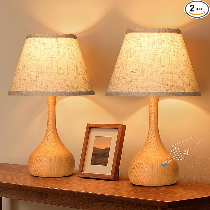 Touch Table Lamp for Bedroom Set of 2, 3-Way Dimmable Bedside Lamp for Nightstand, 17” Rustic Metal Desk Lamp with Linen Shade for Living Room, Kids Reading, Dorm, Home Office Decor, Bulb Included