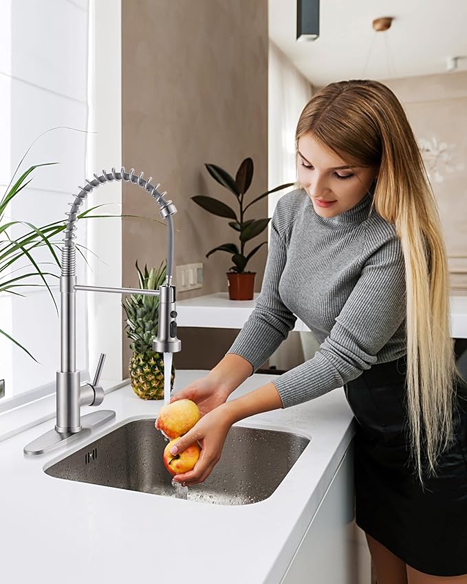 Kitchen Faucets with Pull Down Sprayer: Brushed Nickel 3-Function Kitchen Sink Faucets for 1 or 3 Hole - Stainless Steel Single Handle Spring Kitchen Faucets with Deck Plate for Farmhouse RV Laundry