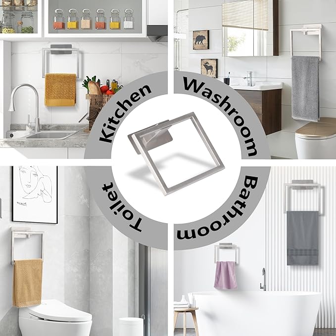 LANC Hand Towel Rings for Bathroom Wall Mount Brushed Finished Square Self Adhesive Hand Towel Holder for Kitchen Towel Holder Lavatory Stainless Steel Contemporary Shower Towel Racks, A8396BN