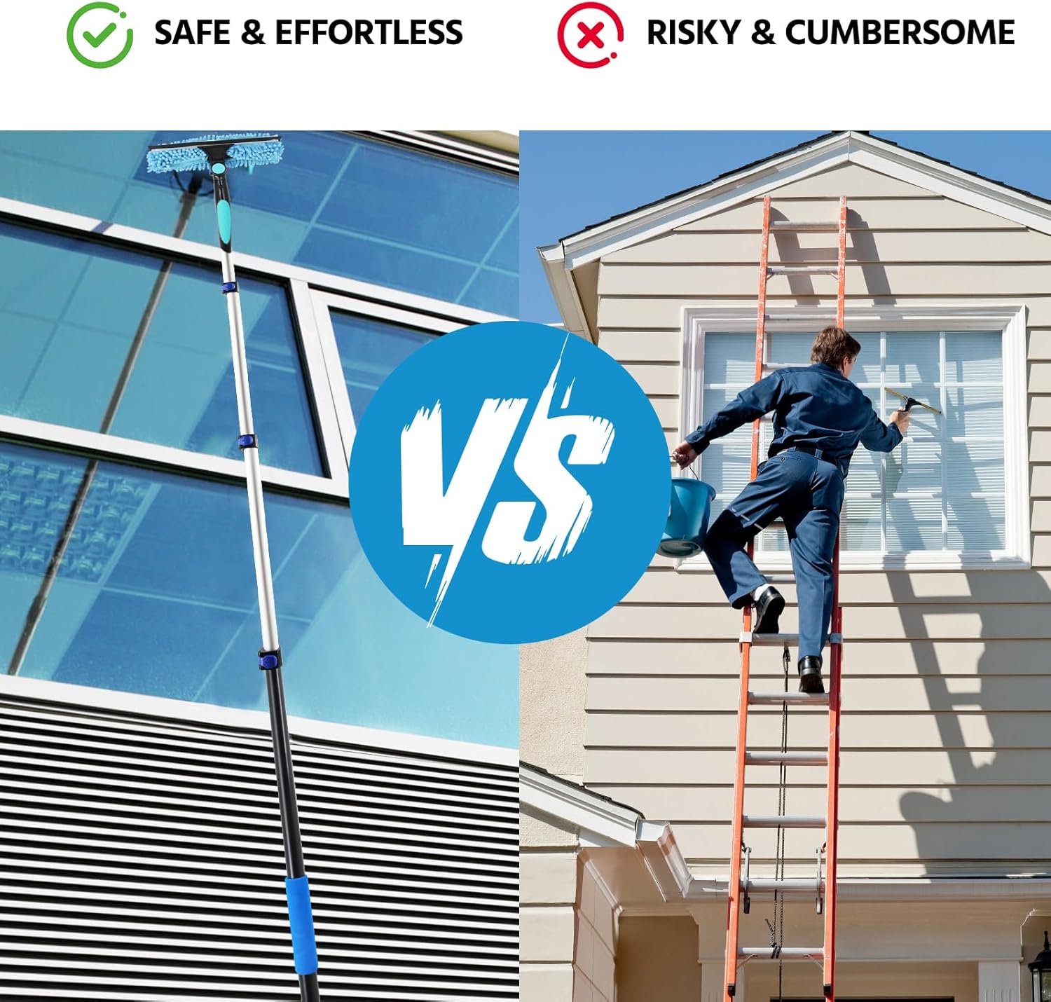 23FT High Reach Window Squeegee with Extension Pole, 2 in 1 Shower Squeegee for Glass Doors with 5-Stage 4-16.5 ft Telescoping Pole, Window Cleaner Tool for Shower Glass Home Car