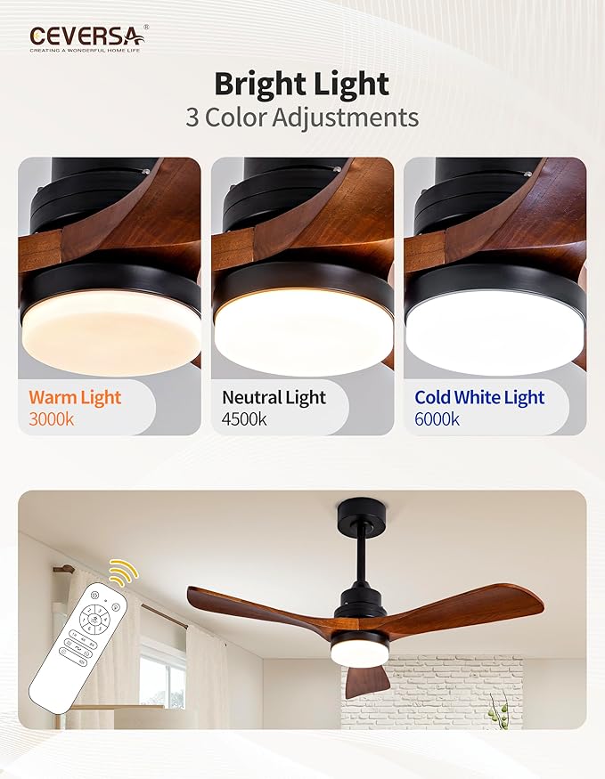42 Inch Wood Ceiling Fans with Lights and Remote,Outdoor Ceiling Fan for Patios with Dimmable Led Light,Walnut 3 Blades,Memory Modern Fan for Living Room,Office,Indoor
