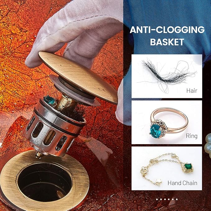 Antique Brass Pop UP Drain, Bathroom Vessel Lavatory Vanity Faucet Sink Stopper, Built-in Anti-Clogging Strainer, Fits Standard American Drain Hole(1-1/2" to 1-3/4"),Without Overflow RWF082S