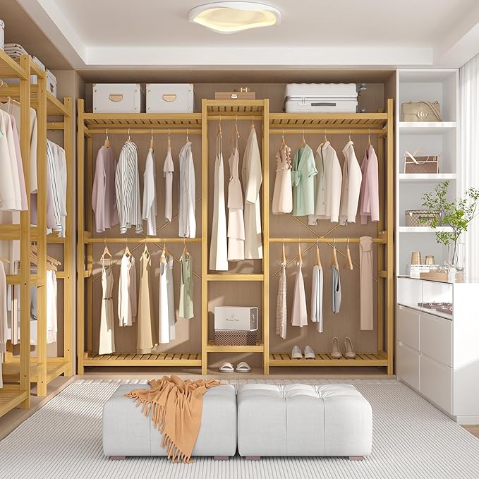 Homykic Bamboo Closet System Clothes Rack, Large Freestanding Garment Rack Clothing Rack for Hanging Clothes with 7 Storage Shelves and 5 Rods, Open Wardrobe Organizer with 4 Hooks, Natural
