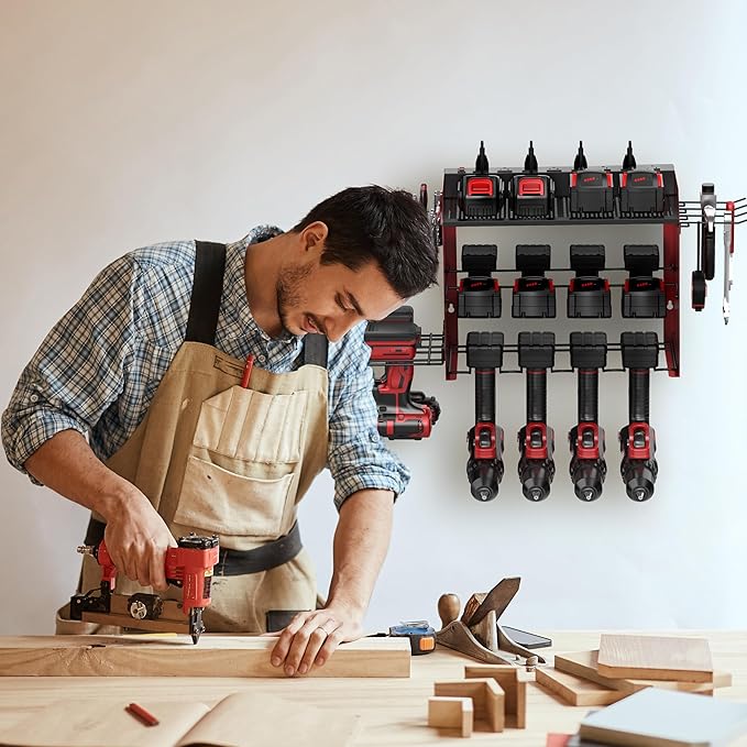 Wall Mount Drill Storage Rack with Charging Station Power Tool Organizer Drill Holder Drill Bit Organizer for Garage Workshop Holds 4 Drills with 8 Outlet Power Strip Christmas Gift(Red)