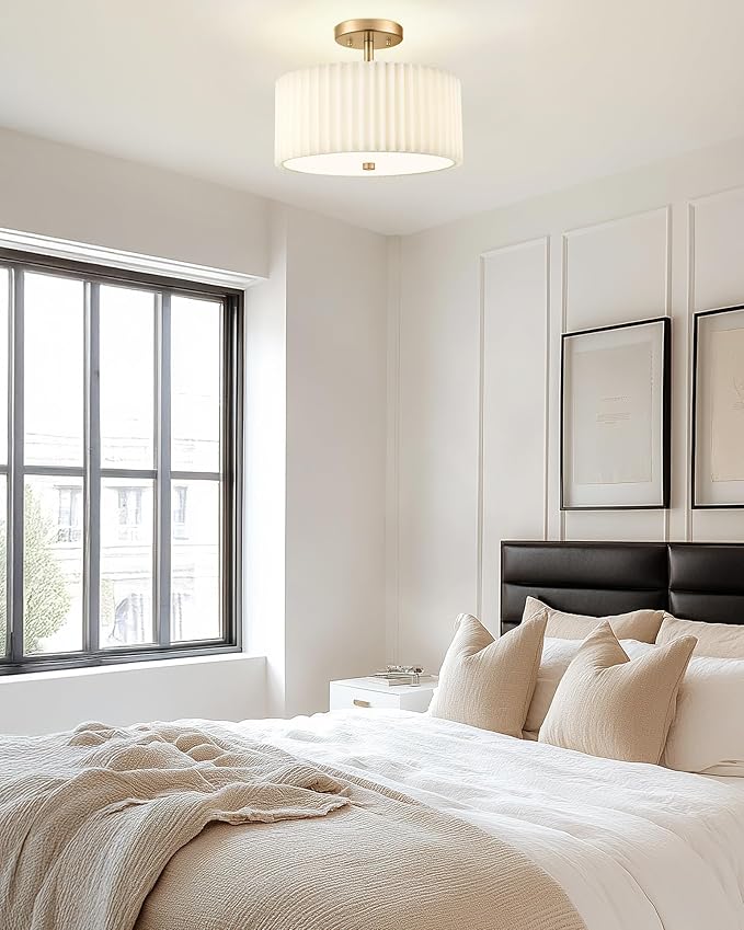 Gold Semi Flush Mount Ceiling Light, 3-Light 12.5" Ceiling Light Fixture with White Pleated Fabric Shade, Drum Lamp for Nursery Hallway Bedroom Kitchen, AD-25036-3SF-GD