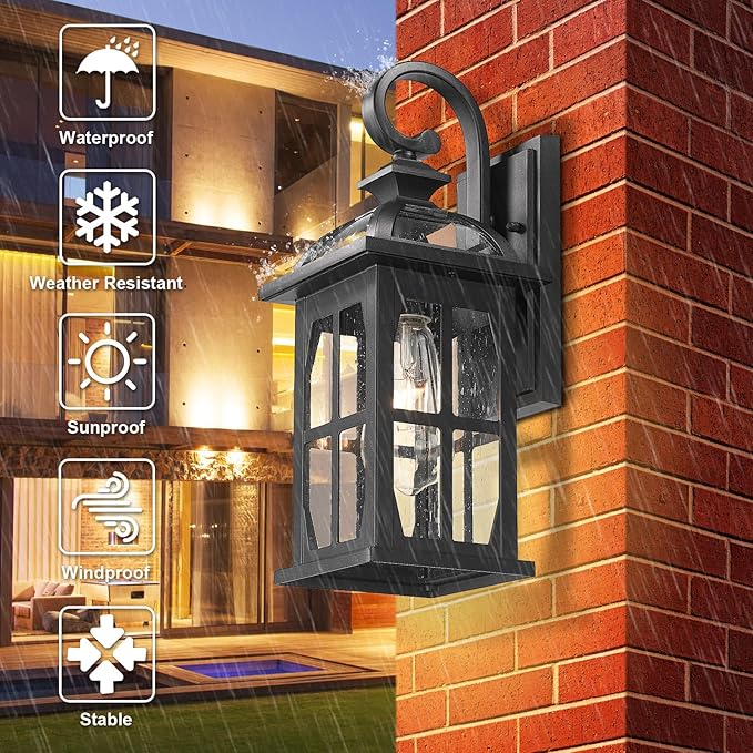 Darkaway Outdoor Wall Lights, Exterior Light Fixture with Seeded Glass, Aluminum Anti-Rust Exterior Lights Sconces Lighting for House Porch Yard Hallway Doorway Garage