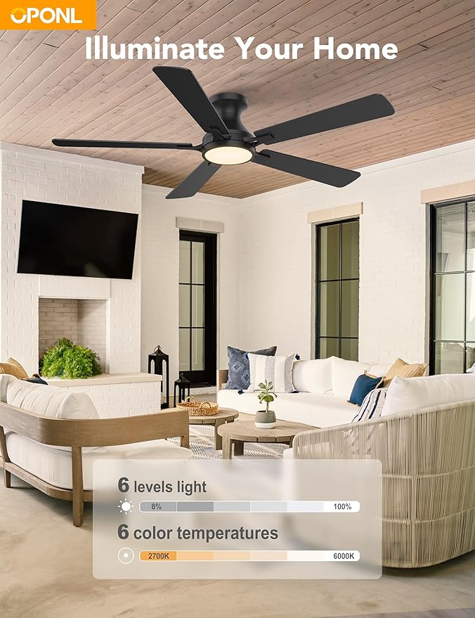 52 Inch Black Ceiling Fan with Light with Remote Control, Large Air Volume, modern ceiling fan with light for Bedroom Kitchen Dining room Patio- Flush Mount