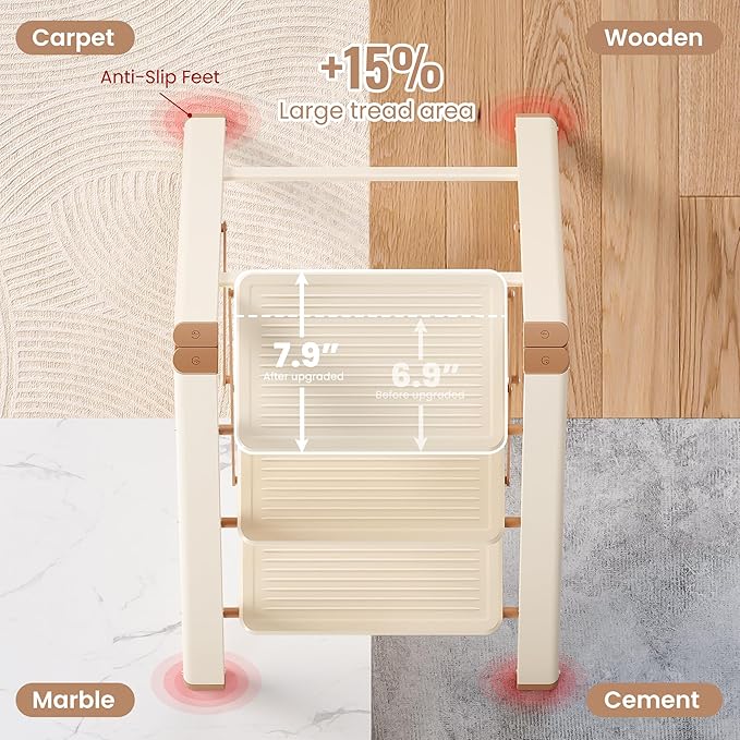GameGem 3 Step Ladder, 3 Step Stool for Adults, Folding Step Ladder with Secure Footing, Widened Pedal, Aesthetically Pleasing Looking, Blends Right into Domestic Rooms, Cream Chocolate