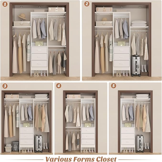 4FT Small Closet System with 3 Fabric Drawers, 48'' Closet Organizer System With 3 Adjustable Shelves, Flexible Built-In Clothes Garment Rack for Small Space, 48" L x 13" W x 71" H, White