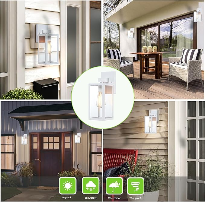 GRUENLICH Waterproof Large Outdoor Wall Lanterns, Modern White Porch Sconces with Clear Glass Shade, E26 Socket Max 60W, IP65 Rated, Metal Frame, for Patio, Front Door, Entryway, 1-Pack
