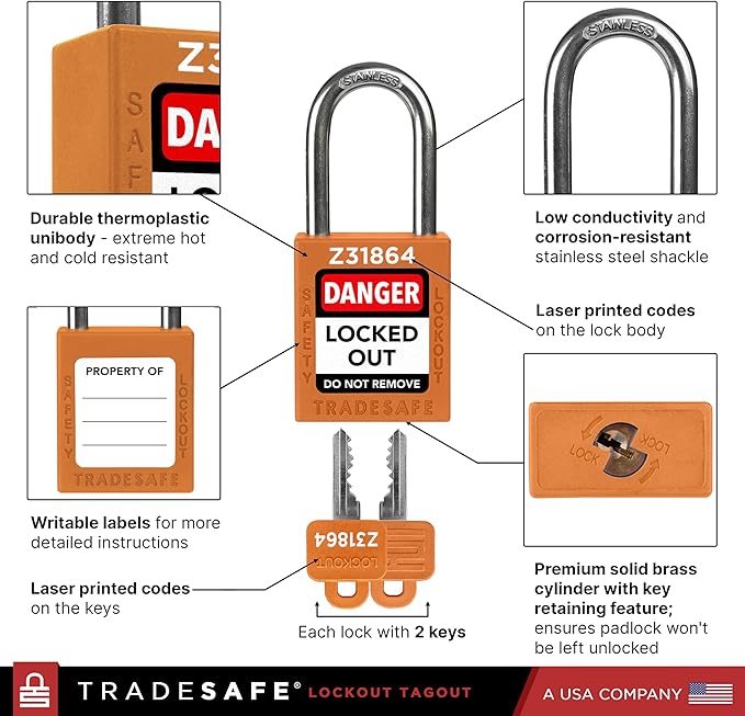 TRADESAFE Lockout Tagout Locks Set - 10 Orange Keyed Alike Padlocks, 2 Keys Per Lock, OSHA Compliant Loto Locks for Lock Out Tag Out Stations, Premium Grade