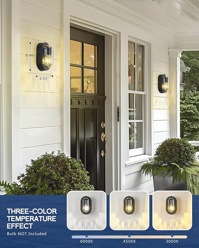 FEMILA 8.5" Oval Bulkhead Light, Outdoor Wall & Ceiling Flush Mount Sconce, Nautical Outdoor Lighting Aluminum with Ripple Glass, Outdoor Wall Sconce for Porch Patio Garage, 4FYX104F BK SW