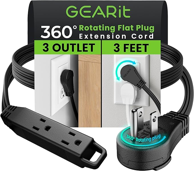GEARit 360 Rotating Flat Plug Extension Cord (3ft, Black) Multi 3-Outlet Extension 16 AWG Wire, Adapter for Small Spaces, Right Angle Socket, ETL Certified - 3 Feet