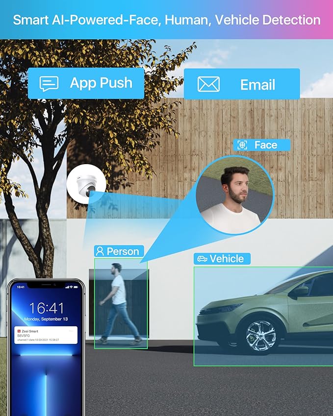 ZOSI 4K 8CH Spotlight PoE Security Camera System,4pcs 5MP Indoor Outdoor PoE IP Cameras with Person Vehicle Detection,Color Night Vision,8CH 8MP 4K NVR with 2TB HDD for 24/7 Recording,No Monthly Fee