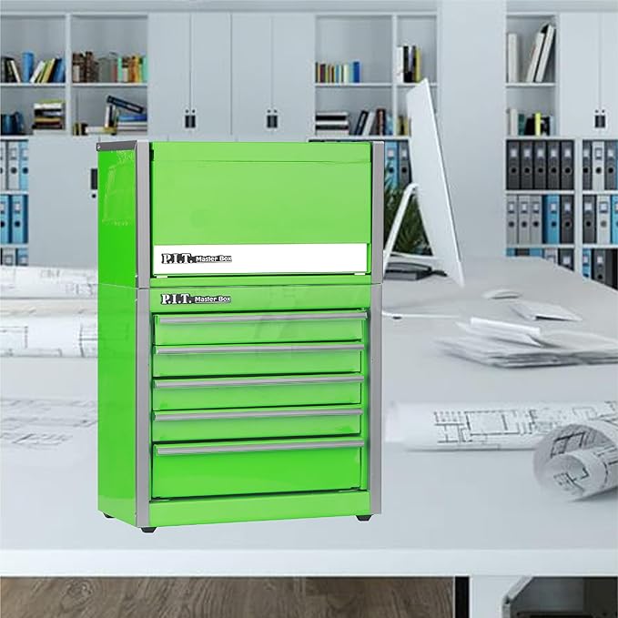 P.I.T. Mini Green Tool Box, Portable 3 Drawer Steel Stackable Tool Box with Magnetic Tab Locking, Green Micro Top Chest with Liner for Tools Storage and Organizers, Home DIY