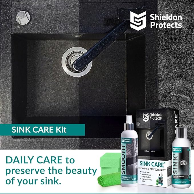 Shieldon Sink Care Kit – Cleaner & Nano Sealer for Granite Composite, Ceramic & Natural Stone Sinks – Restores Shine, Repels Stains, Grease & Hard Water – 2 Sponges & Microfiber Cloth