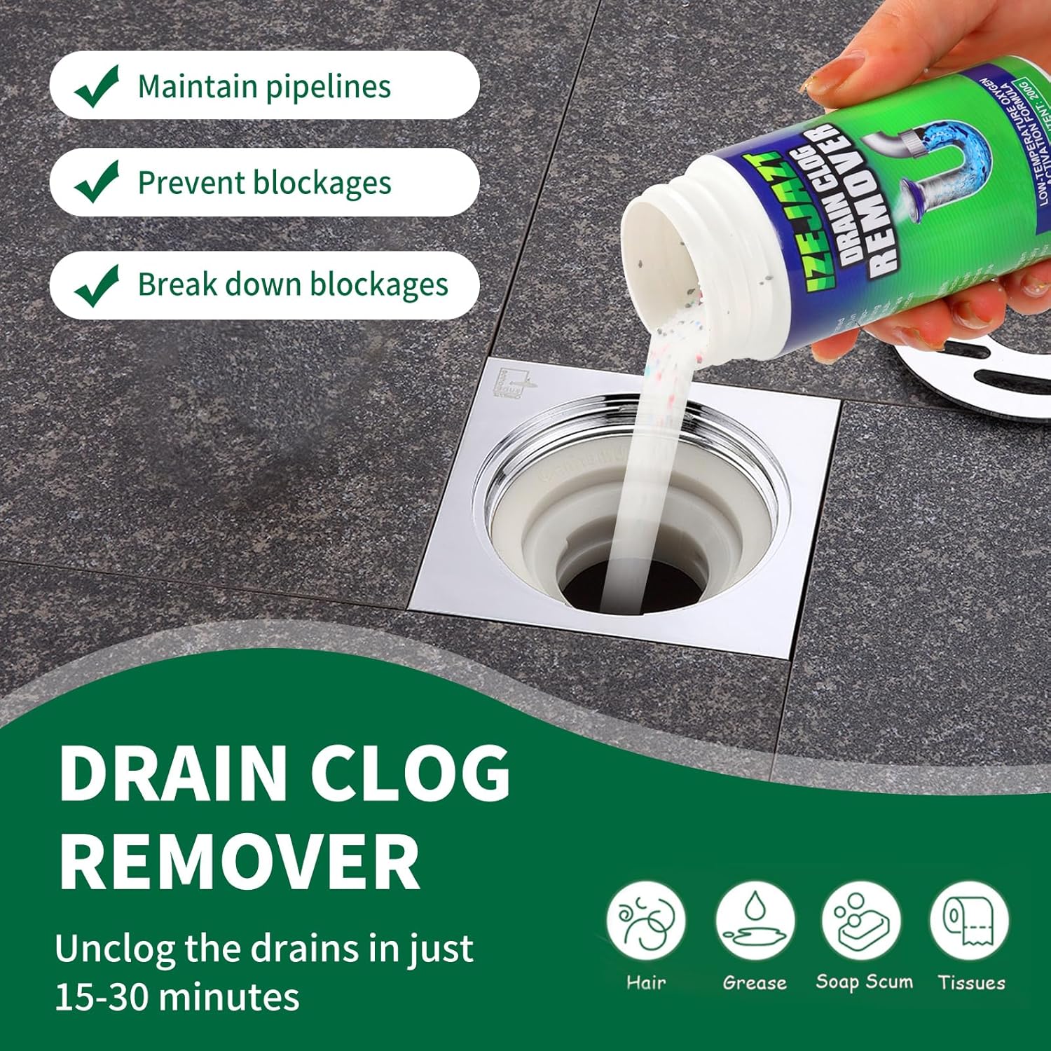 Drain Clog Remover Powder - Fast Acting Formula for All Drains, Kitchen, Bathroom, Sink & Shower - 100% Effective to Eliminate Hair, Grease, and Blockages - [2Pack ]