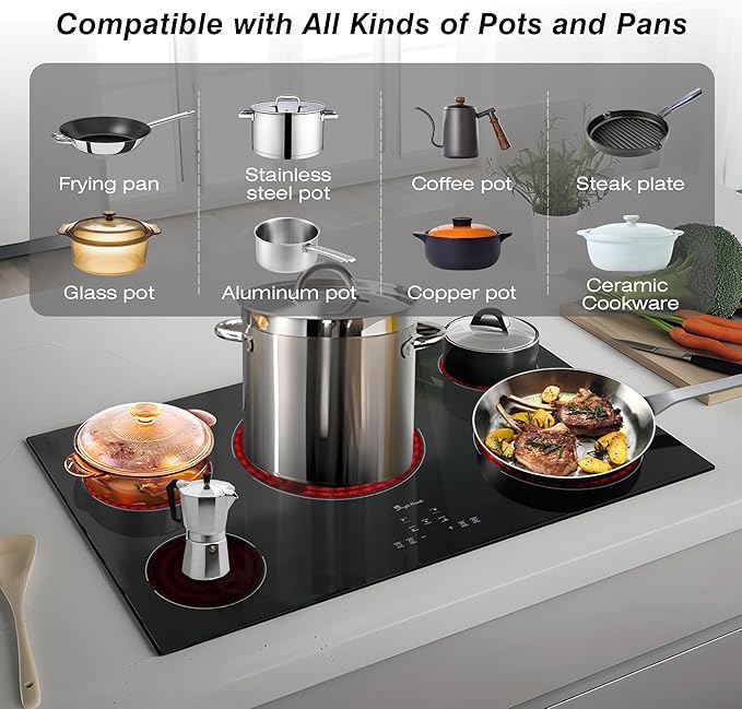 Electric Cooktop 36 Inch 5 Burners, Electric Stove Top, Built-in Ceramic Radiant Cooktop with Sensor Touch Control, Fast Heat, Multiple Safety Protection, 9000W with Hard Wire for 220V~240V