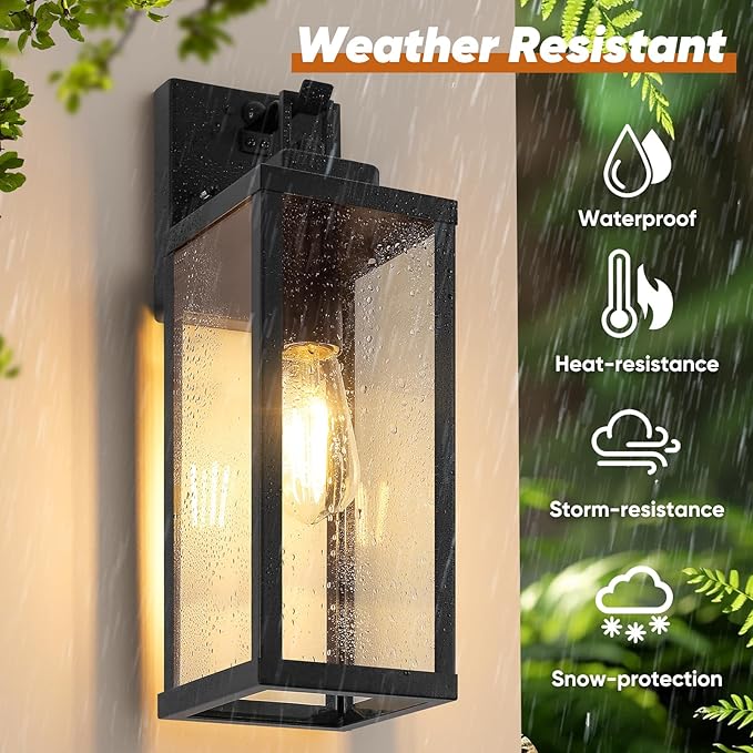 BesLowe 16” Upgraded Motion Sensor Outdoor Wall Lights, Dusk to Dawn Porch Lights Outdoor Wall Sconces, 3 Lighting Modes Exterior Lighting Fixtures with Hooks, Black Outside Lights for House, 2-Pack