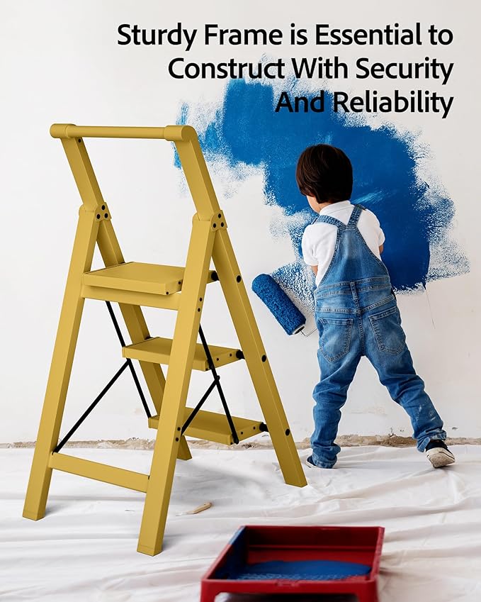 Taranta 3 Step Ladder, Lightweight Aluminum Step Stool with Convenient Handgrip, Folding Ladder with Anti-Slip Pedals, 330lbs Capacity Stepladder for Home, Office, Kitchen - Twilight Yellow