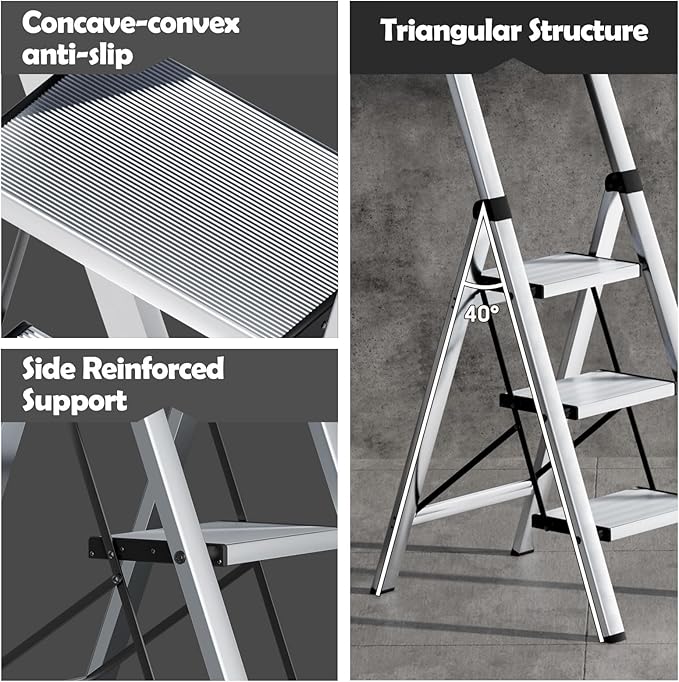 Taranta 3 Step Ladder, Portable Folding Ladder with Wide Pedal, Lightweight Aluminum Step Stool with Convenient Handgrip, 330 lbs Capacity Stepladder for Home, Office - Silver