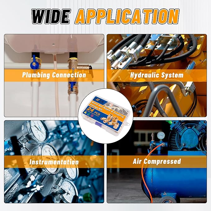 KOOTANS 24PCS Brass Pipe Fittings Brass Hex Nipple Hex Coupling Kit 1/8" to 1/8" NPT, 1/4" to 1/4" NPT, 3/8" to 3/8" NPT Male to Male Female to Female Adapter Pipe Fitting Connector