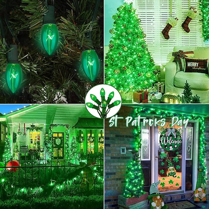 C9 Christmas Light Replacement Bulbs, 25 Pack Clear Green Christmas Light Bulbs, E17 Intermediate Base Bulb for Outdoor String Lights St Patricks Day Xmas Lights, 7Watt