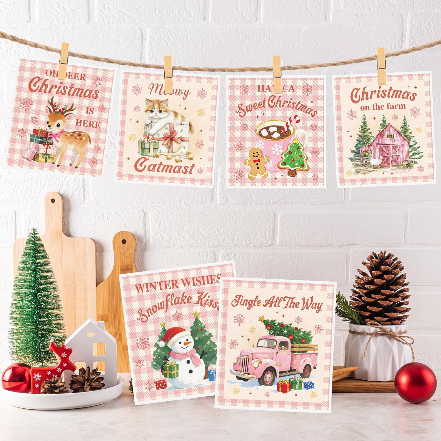 Pink Christmas Swedish Dishcloths for Kitchen, 6 Pack Snowman Truck Reusable Dish Paper Towels Housewarming Gifts, Xmas Absorbent Dish Rags for Home Cleaning