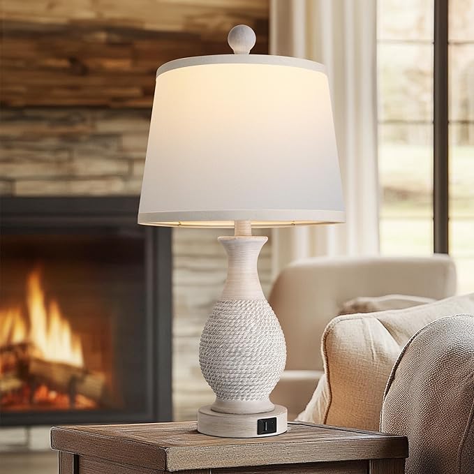 PARTPHONER Traditional Table Lamps Set of 2, Bedside Touch Lamp with USB C+A Charging Ports, Rustic Farmhouse Table Lamps for Living Room Bedroom, Side Table Lamp with White Fabric Shade, Antique Grey