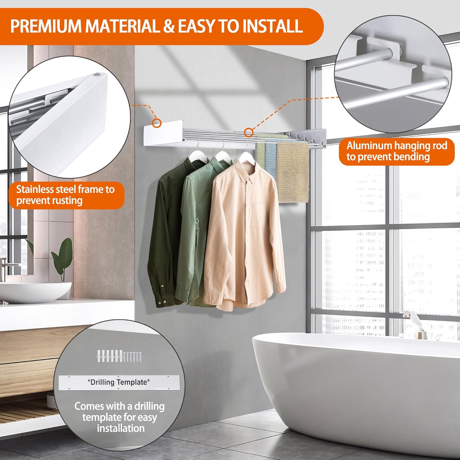 FOCHIER F Laundry Drying Rack Wall Mounted Clothes Drying Rack Collapsible with 5 Aluminum Rods and Drilling Template Long Screwdriver Bit 60 lbs Capacity (White, 31.5")