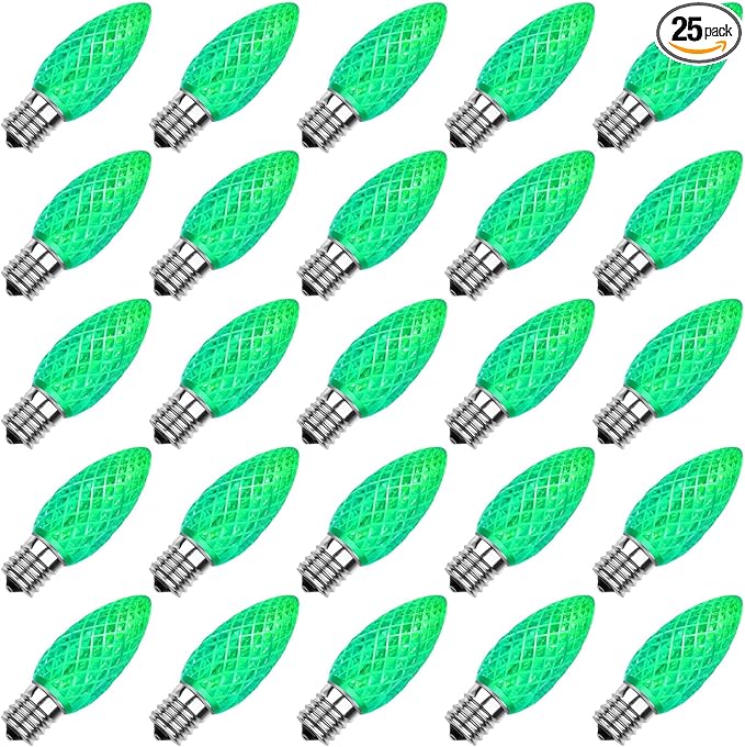 Meconard C9 Led Replacement Christmas Light Bulbs, C9 Shatterproof Led Bulbs for Christmas Indoor Outdoor String Lights, E17 Intermediate Base, Commercial Grade Holiday Bulbs, Green, 25Pack