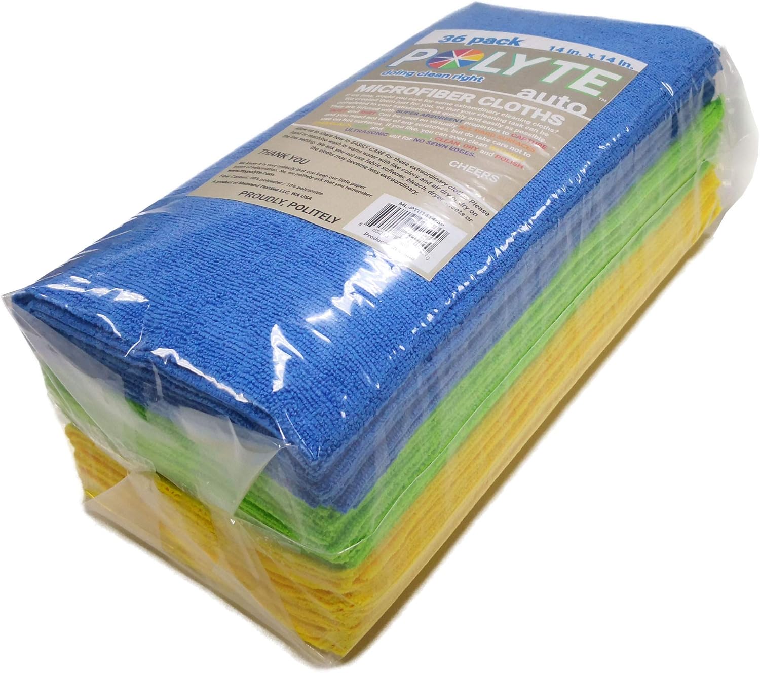 POLYTE Microfiber Cleaning Cloth Ultrasonic Cut Edgeless, 14 x 14 in (36 Pack, Blue,Green,Yellow)
