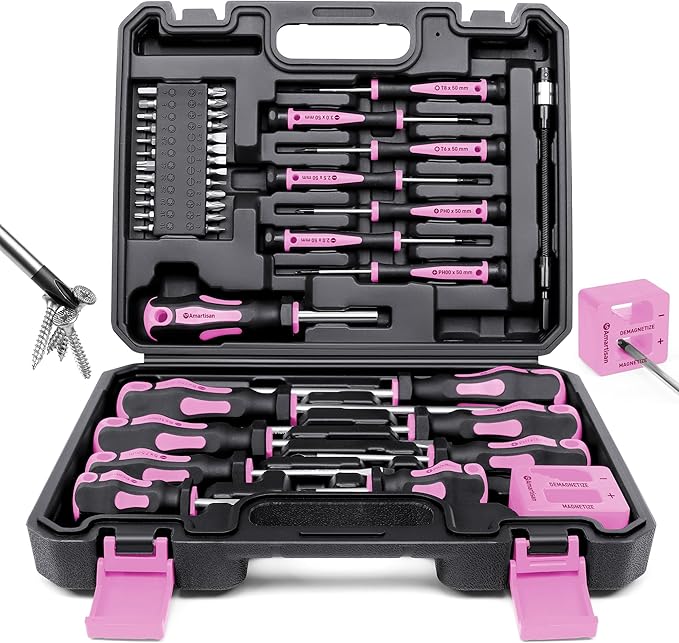 Magnetic Screwdrivers Set with Case, Amartisan 43-piece Includs Slotted, Phillips, Hex, Pozidriv,Torx and Precision Screwdriver Set, Magnetizer Demagnetizer Tools, Tools for Men (Pink))