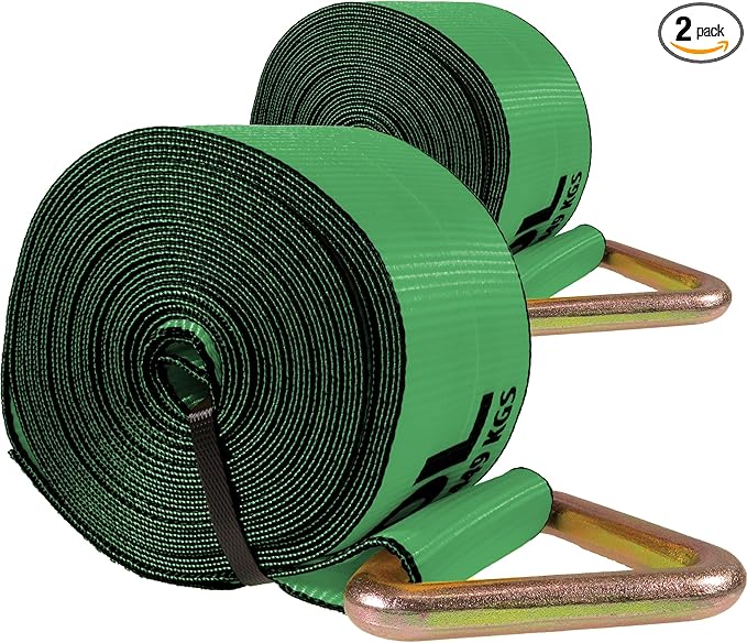 US Cargo Control 4" x 30' Winch Straps with D-Rings (2-Pack), 5,400 LBS Working Load Limit, Heavy Duty Flatbed Tie Downs, Green 4 Inch Straps for Flatbed Trailers, Trucks, and Cargo Securement