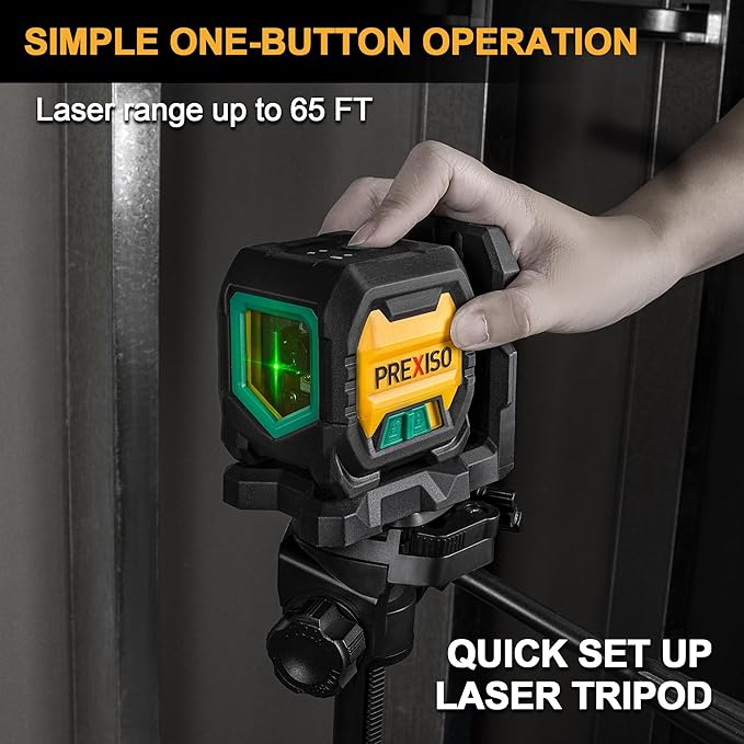 PREXISO Laser Level with 47 Inch Tripod, IP54 Rechargeable 65Ft Green Cross Line Laser Self Leveling, Light Indicator, 3 Brightness Mode, Lazer Leveler Tool for Picture Hanging, Tile, Home Renovation