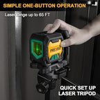 PREXISO Laser Level with 47 Inch Tripod, IP54 Rechargeable 65Ft Green Cross Line Laser Self Leveling, Light Indicator, 3 Brightness Mode, Lazer Leveler Tool for Picture Hanging, Tile, Home Renovation