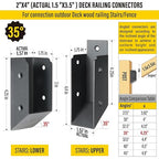 201 Stainless Steel 2" x 4" (1 ½" x 3 ½" Actual) Deck Railing 35° Stair Connectors, for Deck Railing Stair Handrail Connection Installation Deck Railing Bracket (4 Pair-Black)