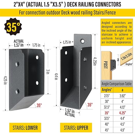 201 Stainless Steel 2" x 4" (1 ½" x 3 ½" Actual) Deck Railing 35° Stair Connectors, for Deck Railing Stair Handrail Connection Installation Deck Railing Bracket (8 Pair-Black)