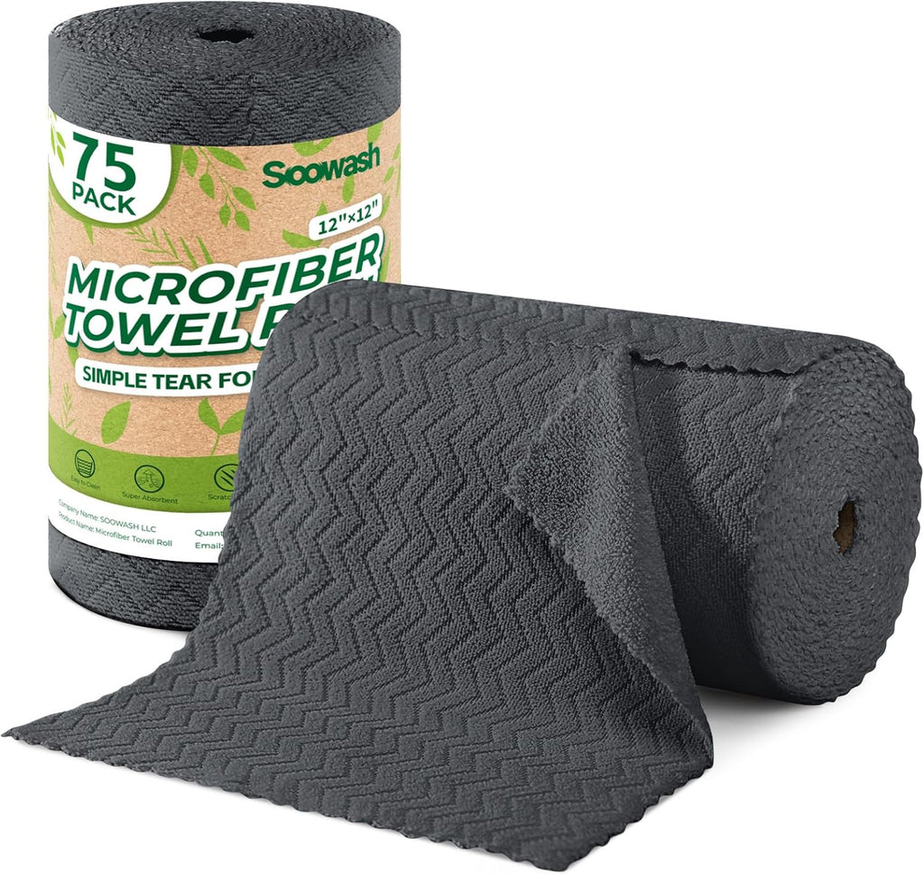 Microfiber Cleaning Cloths Roll, 75 Pack Tear Away Microfiber Towels Roll, 12" x 12" Lint Free Rags, Reusable Cleaning Cloths,Washable,Scratch Free,Ultra Absorbent Dish Rags(Dark Grey Ripple)