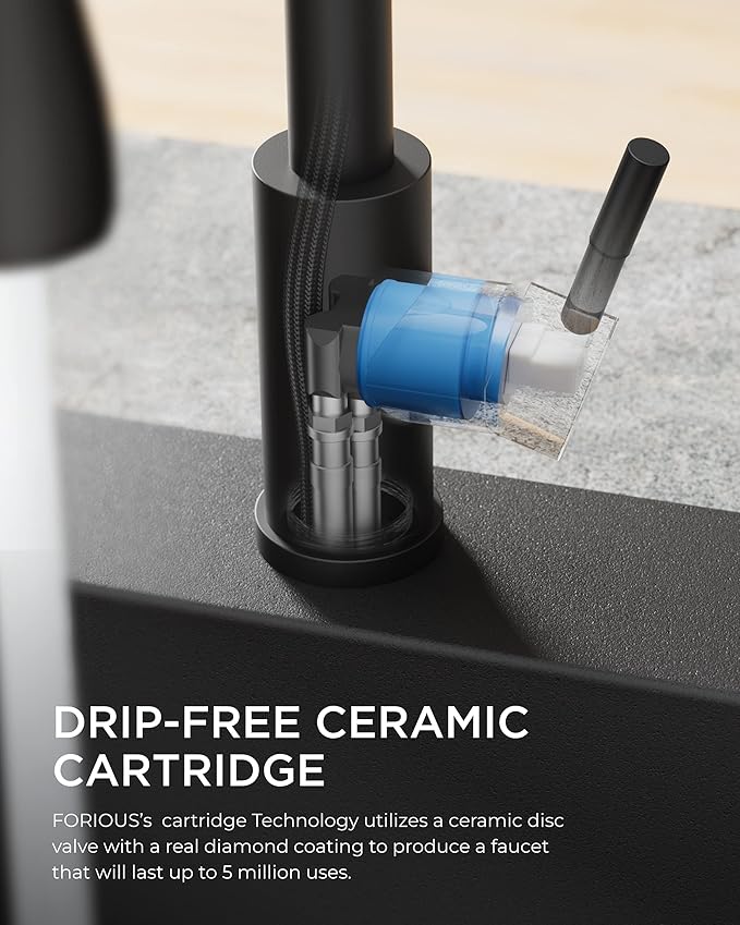 FORIOUS Black Kitchen Faucet with Soap Dispenser, Single Handle Stainless Steel Transitional Sink Faucet with Pull Down Sprayer 1 or 3 Hole, Suitable for Farmhouse Laundry Camper RV Bar
