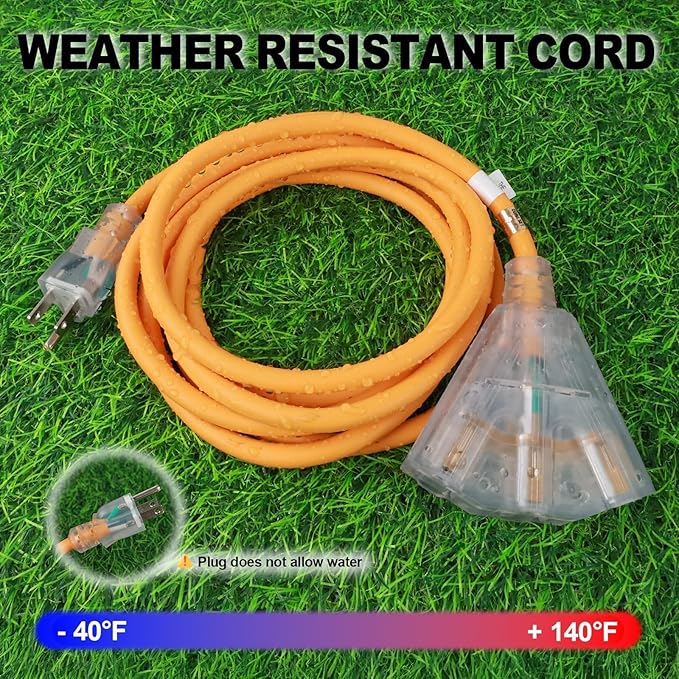 EP 15 Ft 14/3 SJEOW Heavy Duty Outdoor Extension Cord, Yellow 3-Outlet Power Cable with LED Lighted Plug, Water-Resistant for Indoor/Outdoor Use, Lawn, Garden, Appliances & Tools