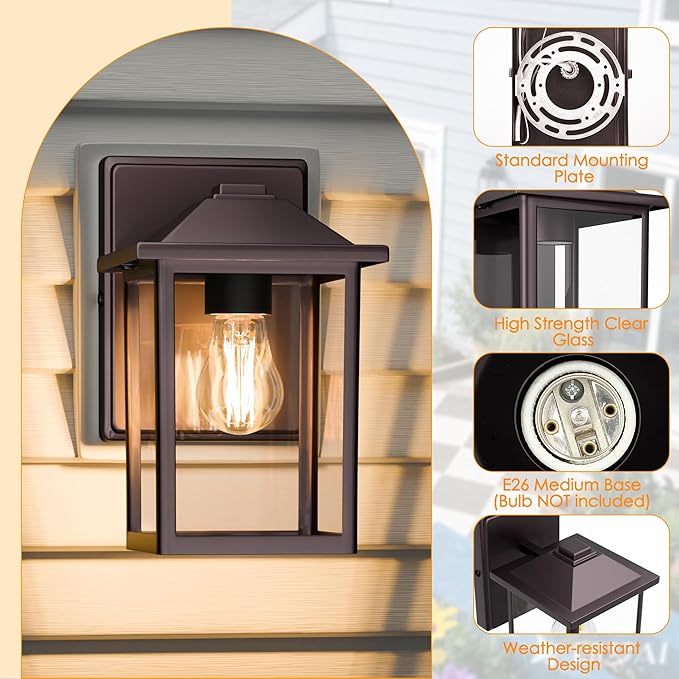 Outdoor Wall Lantern, Exterior Waterproof Wall Sconce Light Fixture, Dark Chocolate Front Door Mounted Lighting with Glass, Anti-Rust Porch Lamp