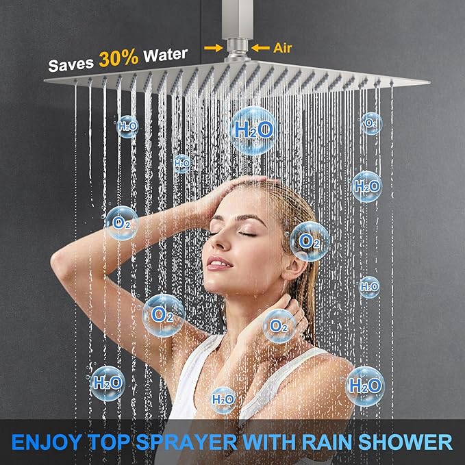Shower Faucet Set, 12" Ceiling Mount Rainfall Shower System with 2 Rain Shower Head and Multi-function Handheld Head Push Button Diverter Shower Faucet Trim Kit (12", Brushed Nickel)