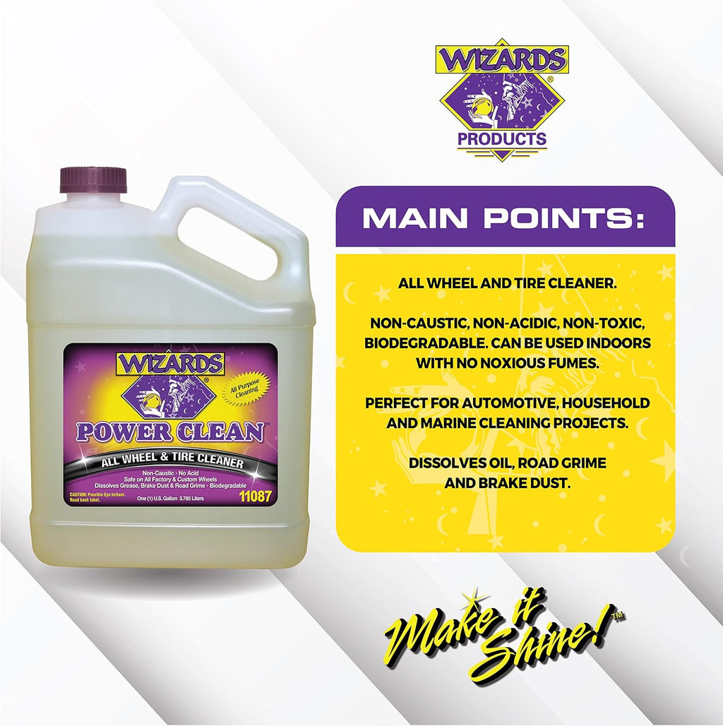 Wizards Power Clean Wheel and Tire Cleaner - Non Caustic and No Acid Biodegradable Interior Cleaning Supplies - Safe on All Kinds of Wheels - Dissolves Grease, Brake Dust and Road Grime - 1 Gallon