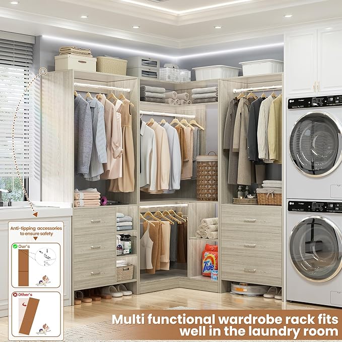 Aheaplus Closet System with 6 Drawers, 4 Hanging Rods & Corner Tower, Corner Closet System with Hanging, 86.8" L-Shaped Walk-In Wardrobe Organizer, 2000+ lbs Capacity, Set of 3, White Oak