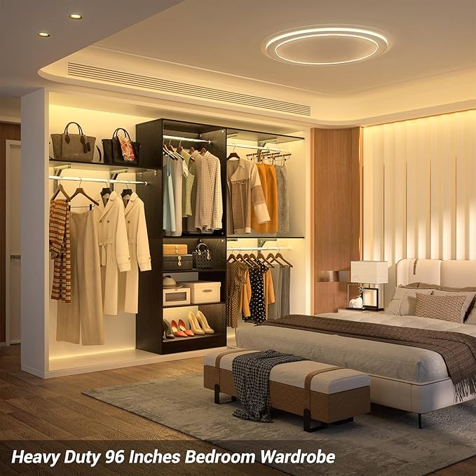 Armocity 96'' Closet System, 8FT Walk In Closet Organizer with 3 Shelving Towers, Heavy Duty Bedroom Wardrobe with 5 Shelves, Wall Mounted Clothes Rack (Can Be Cut To Fit), 96"L x 16"W x 75"H, Black