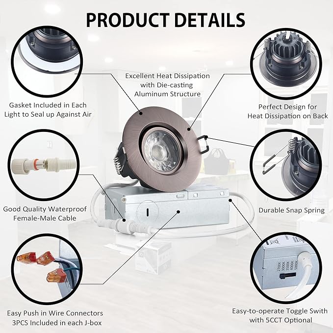 Premium Canless Recessed Gimbal Downlight Rotatable-Spotlight 5 CCT 3 Inch Eyeball Ceilling Potlight, Dimmable Recessed Lights Fixture with Junction Box, 8W, Oil Rubbed Bronze, 6P