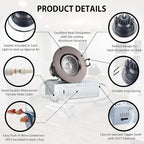 Premium Canless Recessed Gimbal Downlight Rotatable-Spotlight 5 CCT 3 Inch Eyeball Ceilling Potlight, Dimmable Recessed Lights Fixture with Junction Box, 8W, Oil Rubbed Bronze, 6P