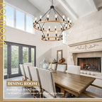 24-Light 2 Tiers Farmhouse Wooden Wagon Wheel Chandelier, 43.3'' Black Metal Round Chandeliers 2-Story Natural Rustic Light Fixtures for High Ceiling Living Dining Room Foyer Villa